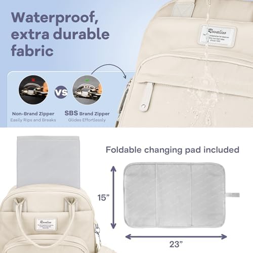 RUVALINO Baby Diaper Bag Backpack with Changing Pad, Waterproof, Beige - Image 4