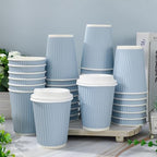 Whaline 100 Pcs Light Blue Disposable Coffee Cups with Lids 12 Oz Solid Blue Paper Cups Corrugated Ripple Wall Insulated Hot Cup for Home Office Party Supplies - Image 4