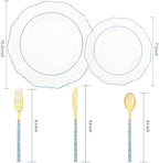Liacere 150PCS Clear and Blue Plastic Plates-Clear and Blue Disposable Plates with Glitter Bamboo Handle Cutlery-60 Baroque Elegant Plates, 30 Forks, 30 Spoons, 30 Knives for Wedding & Party & Summer - Image 3