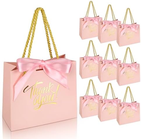 EQOREIIN 100 Pack Small Thank You Gift Bags with Handles & Ribbon, Pink by EQOREIIN