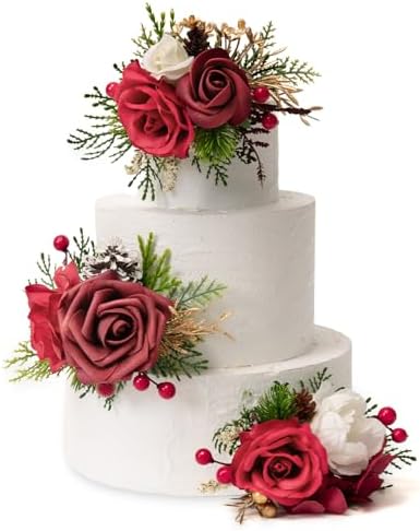 TINGE TIME 3Pcs Pre-made Cake Toppers，Wedding Artificial Flowers Decor, Cake Decorations for Weddings, Birthdays, Party,Baby Shower,Celebration(Burgundy) by TINGETIME