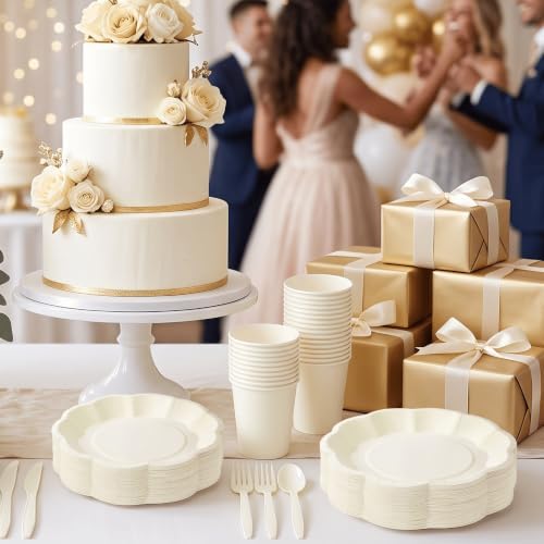 350 Pcs Ivory Scalloped Disposable Plates Tableware Set for 50 Guests - Image 4