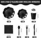 Vyntra Black Paper Plates, Cups & Napkins, 350 Pcs Scalloped Party Set - Image 2