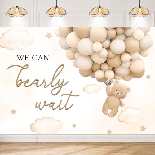 MEHOFOND 8x6ft Bear Baby Shower Backdrop We Can Bearly Wait Baby Shower Party Decorations for Boy Hot Airs Balloons Watercolors Clouds Stars Photography Background Newborn Photo Booth Props (Brown) by MEHOFOND