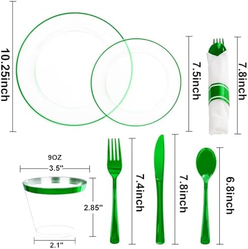 SUT 175 Pcs Green and Clear Plastic Dinnerware Set for 25 Guests, Include: 25 Dinner Plates, 25 Dessert Plates, 25 Pre Rolled Napkins With Silverware, 25 Cups, Disposable Plates for Party - Image 3