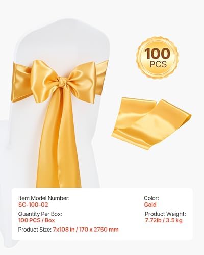 VEVOR Satin Chair Sashes Bows, Chair Ribbon Ties Back Sash, 7 x 108 inch, Wedding Reception Decoration, for Wedding Ceremony Baby Shower Party Events Banquet Cover Decoration (Gold, 100pcs) - Image 7