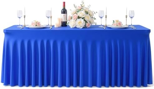 Royal Blue Table Cloth for 6 Foot Rectangle Tables Fitted Stretch Spandex Table Cover with Skirt 6ft Baby Shower Birthday Party Banquet Ruffle Tablecloth Wedding Table Cloths Desk Skirt - Image 5
