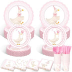 Zhehao 350 Pcs One Silly Goose Birthday Party Tableware Set Scalloped Pink Bow Baby Shower Plates Cup Napkins Forks for Birthday Party Decorations Supplies for 50 Guests by Zhehao