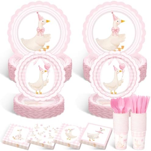 Zhehao 350 Pcs One Silly Goose Birthday Party Tableware Set Scalloped Pink Bow Baby Shower Plates Cup Napkins Forks for Birthday Party Decorations Supplies for 50 Guests by Zhehao