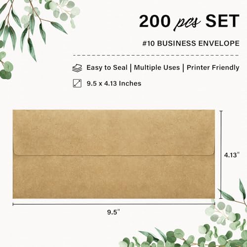 200 Pack #10 Kraft Paper Envelopes Letter Size Self Seal Business Envelopes - Image 2