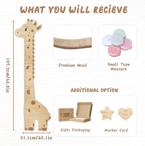 Personalized Name Kids Growth Chart For Wall, Cute Giraffe Wooden Height Chart, Nursery Room Decor, Wall Measurement For Kids, Growth Ruler For Children - Image 3