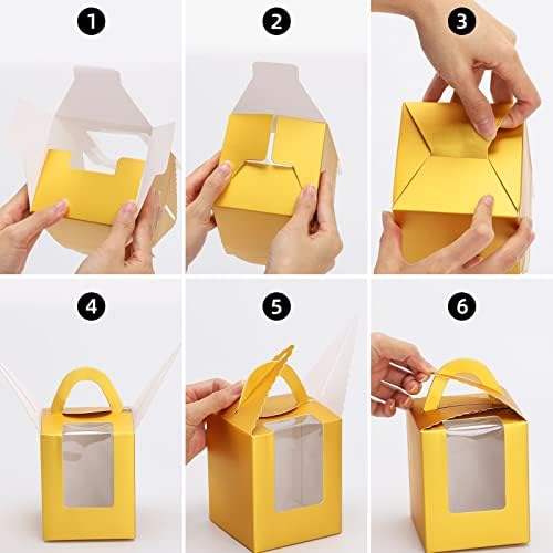 acDesign 100 Pcs Cupcake Holders Individual 3.6in*3.6in*4.3in Cupcake Boxes With Window Handle and Inserts for Bakery Wrapping Party Favor Packing(Gold) - Image 6