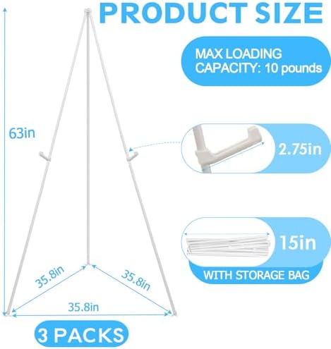 3 Pack White Easel Stand for Wedding Sign, Poster, 63" Portable Metal Painting Easels Stand Adjustable Folding Easel for Art Crafts Show,Arts,Birthday - Image 2