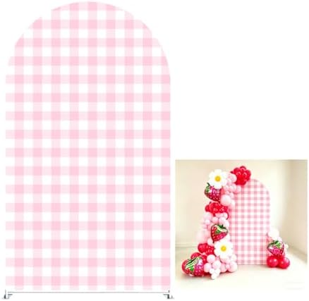 Strawberry Theme Arched Fabric Backdrop Covers Photography Background Pink Plaid Arch Stand Stretchy Covers for Kids ONE Birthday Baby Shower Party Decor Props (4.6x8FT Only Cover) by Iydamc