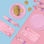 100 Pack Pre Rolled Pink Plastic Cutlery Set with Paper Napkins - Image 6