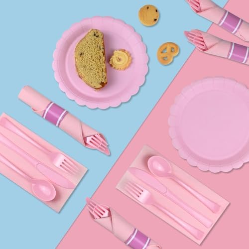 100 Pack Pre Rolled Pink Plastic Cutlery Set with Paper Napkins - Image 6
