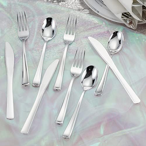50 Pack Pre Rolled Silver Plastic Silverware Set, Disposable Wrapped Plastic Cutlery Set (50 Forks, 50 Knives, 50 Spoons, 50 Napkins) for Wedding Party - Image 6