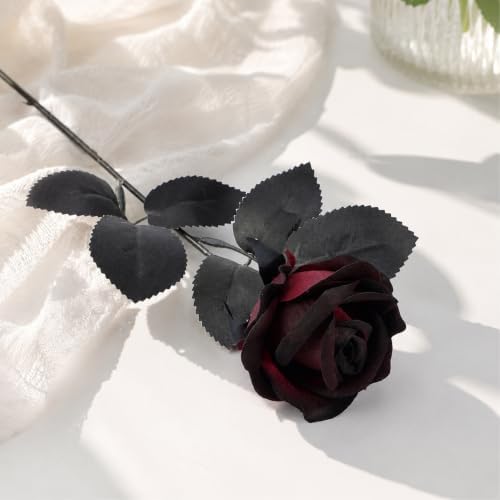Auihiay 60Pcs Black Burgundy Roses, Faux Halloween Flowers, Black Roses - Image 6
