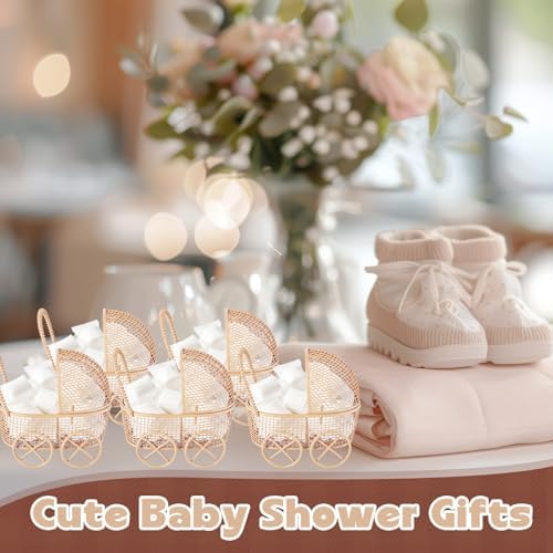 Threehoney 12 Pcs Baby Shower Mini Carriage Decoration Brown Bear Color Metal Wired Fillable Candy Stroller Baby Shower Table Centerpiece for Guest Gender Reveal Wedding Party Favor Gift - Image 4