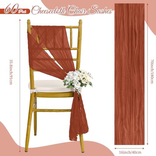 60 PCS Terracotta Cheesecloth Chair Sashes, 16 x 70 inch Cheesecloth Sashes Rustic Chair Decorative Bows Designed ChairCover for Wedding Banquet Party Aisle Home Kitchen Decoration - Image 2