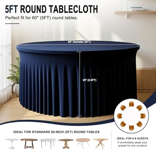 GALLETY Navy Blue Table Cloth for 5FT Round Table, Fitted Spandex 120 inch Round Tablecloth, Wrinkle Free Tables Skirt for Receptions Birthday Photography Social Events Engagement Party Decorations - Image 2