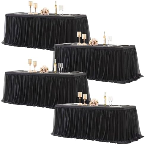 Black Table Cloth Rectangle 6ft, Black Tulle Table Skirt Table Cover 6 Foot Rectangle Table Desk Skirt Birthday Party Wedding Banquet Tablecloth Buffet Fabric Elastic Stretch Fitted Ruffle Tablecloth by LittleFunny