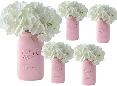 Pink Centerpieces for Baby Shower - Pink Mason Jar Flower Vase Centerpiece - Set of 5 Painted Mason Jars – 32 oz – Pink Rustic Mason Jar Centerpiece Baby Shower, Birthday (5 Pink w/Hydrangea) by VivasFlowerShop