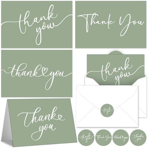 Naozinebi 100 Pack Thank You Cards with Envelopes and Stickers 6x8 Inches Green Sage Thanks Greetings Card Minimalistic Elegant Blank Cards for Wedding Baby Shower Birthday Holiday Supplies by Naozinebi