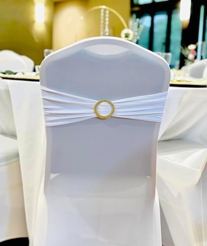 Pack of 50 White Chair Sashes with Gold Buckles Spandex Chair Bands Bows - Image 5