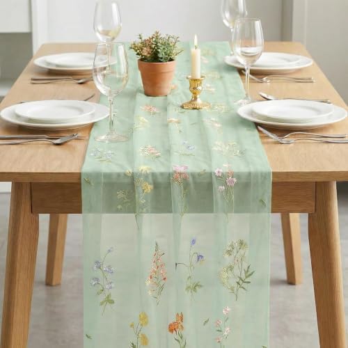Artoid Mode 6PC Floral Sage Green Embroidery Table Runner 120 Inch 10FT - Image 3