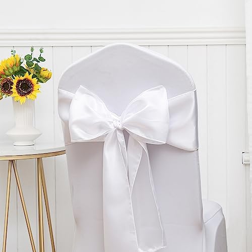 Pack of 50 Satin White Chair Sashes Bows 7 X 108 Inch Universal Chairs Ribbons for Wedding Ceremony Party Banquet Restaurant Event Decorations - White Chair Sashes 50 Pack - Image 6