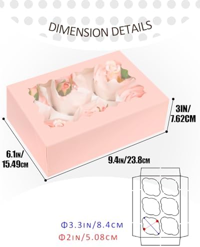 qiqee Pink Auto-pop up 6 Cupcake Boxes with Window 30 Packs Cupcake Box 9.4"x6.1"x3.3" Bakery Boxes For Cupcakes Carrier, Cupcake Containers - Image 5
