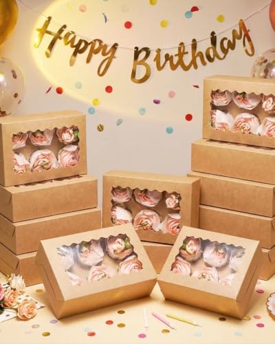 qiqee Auto-pop Up Cupcake Boxes with Window Brown 100PCS 6 Count Cupcake Box 9.4"x6.1"x3" Cupcakes Carrier, 6 Cupcake Containers - Image 5