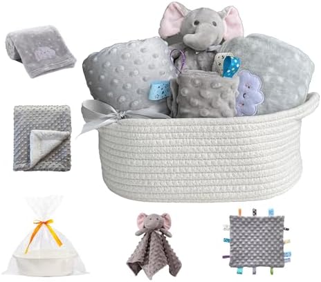 CREVENT Baby Welcome Gift Set Storage Basket with 2 Blankets+ 1 Security Blanket + 1 Taggie + 1 Gift Bag with Ribbon (Grey) by CREVENT