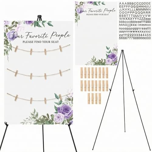Pinkunn Purple Floral Wedding Seating Chart with Easel Display Stand 15.8 x 23.6 Inch Rustic Wooden Seating Chart Board Please Find Your Seat Sign for Engagement Baby & Bride Shower Wedding Sign Decor by Pinkunn