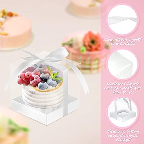 Gerrii 100 Pcs Clear Plastic Individual Cupcake Boxes 3.5" Single Cupcake Containers Transparent Ornament Gift Box with Inserts and Ribbon for Wedding Baby Shower Party Favor(White) - Image 3