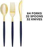 Luxe Party 128 Pieces Two Tone Plastic Disposable Cutlery | Forks-Spoons-Knives | Full Size | Chic Round | Navy and Gold - Image 3