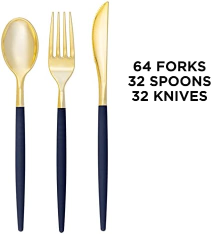 Luxe Party 128 Pieces Two Tone Plastic Disposable Cutlery | Forks-Spoons-Knives | Full Size | Chic Round | Navy and Gold - Image 3
