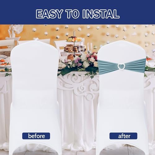 Pack of 120 Spandex Chair Sashes Bows Stretch Chair Cover Band with Buckle Slider Universal Elastic Chair Ties for Wedding Banquet Party Event Decoration (Dusty Blue) - Image 4