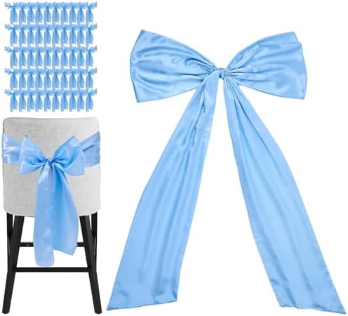 Large Satin Bow Decor with 50 Pack Chair Sashes - Perfect for Birthday, Wedding, Parties & Baby Shower | 24x36 Inch Giant Bows for Room Decor | Wide Fabric Ribbons for Banquet Chairs (Sky Blue) by Galetcy