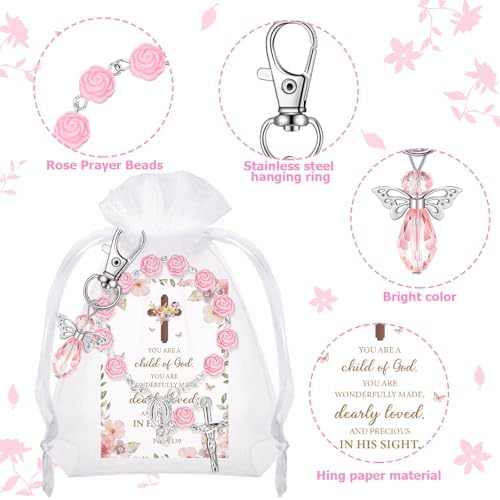 Hicarer 30 Set Baptism Favors Set Includes Angel Keychains Mini Rosary Cross Beads Favors Baptism Organza Bags with Cross Psalm Cards for Baby Shower Christian Party Supplies (Pink) - Image 3
