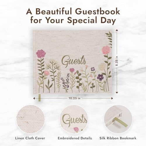 Linen Floral Embroidered Photo Wedding Guest Book - Pink Guestbook to Sign - Image 2