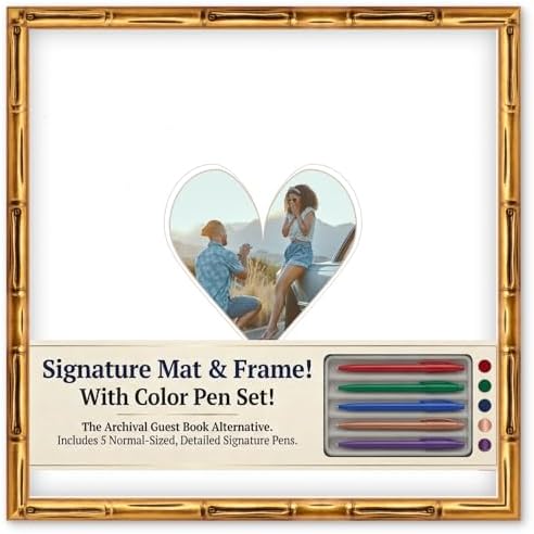 CountryArtHouse Signature Keepsake Frame - Heart Shaped Mat Window - Gold Bamboo Genuine Hardwood 20x20 8x8 Photo - White Double Mat - Gel Pens Included for Guest Signing by CountryArtHouse