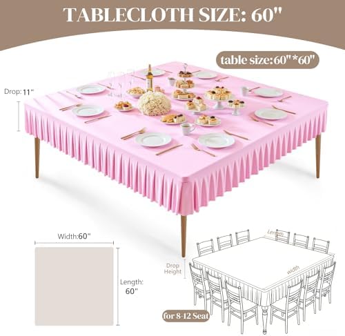 Wish Care Pink Spandex Tablecloths for 60x60 Inch Square Tables, Stretch Fitted Table Clothes with Pleated Ruffle Skirt for 60” Table, Wrinkle Free and Elastic, for Party Kitchen Home Dining - Image 4