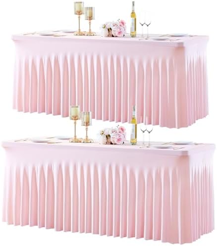 2 Pack Spandex Pink Fitted Table Cloth for 6ft Rectangle Tables Pink Stretch Tablecloth Table Covers Skirt Banquet Tablecloths Wrinkle Free Tablecloth for Parties Wedding by Gogoparti