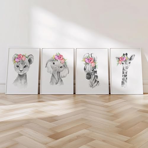 Prints Made Perfect Safari Nursery Wall Art Set - Baby Animal Prints Jungle Theme Decor - Elephant Giraffe Lion Zebra With Pink Flowers- Nursery Wall Decor for Kids Room or Baby Shower Posters - Image 5