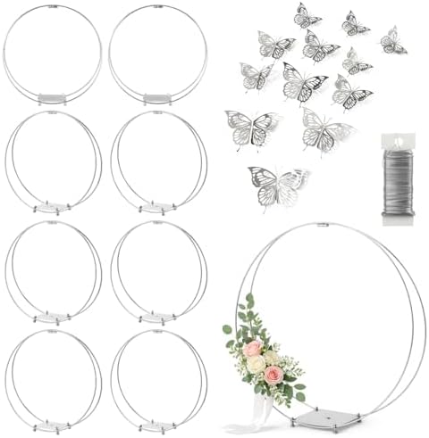 8 Pack 18 Inches Metal Double Floral Hoop Centerpieces with Stand and 38-Yard Paddle Wire Craft Centerpiece Table Decorations Wedding/Baptism/Party/Centerpiece DIY Metal Ring Table Décor, Silver by MJRASG