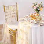 Beige White Floral Gauze Table Runner 10ft Embroidery Tulle Spring Decor - Image 4