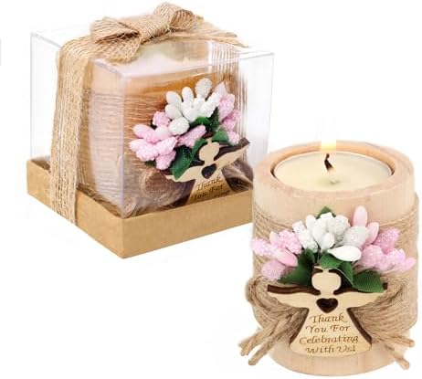 Ju's Favors Wooden Candle Holders Set of 10 for Baptism Gift, Christening Party Favors, Guest Favors,Baby Shower Party Favors. (Light brown - pink) by JusFavors