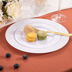U-QE 150PCS White Plastic Plates with Gold Cutlery - Include 60 Dinner and Dessert Plates, 30 Forks, 30 Knives, 30 Spoons, Ideal for Wedding and Party - Image 2